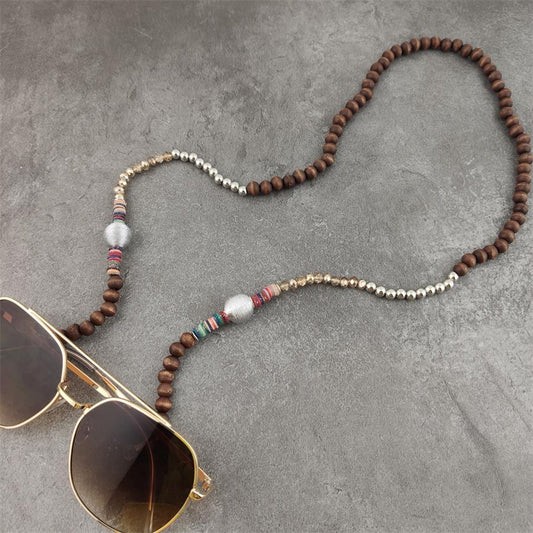 Boho Wood Beads Eyeglass Chains with Silver Ball Metal Sunglasses Reading Glasses Chain Eyewears Cord Holder Neck Strap Rope