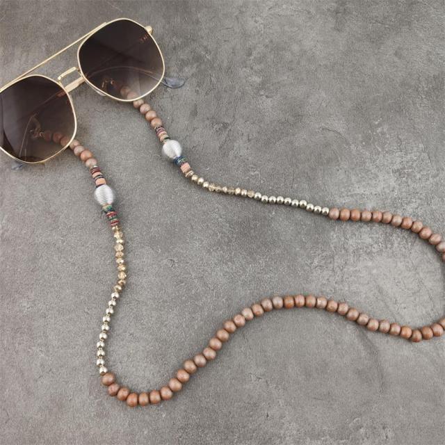 Boho Wood Beads Eyeglass Chains with Silver Ball Metal Sunglasses Reading Glasses Chain Eyewears Cord Holder Neck Strap Rope