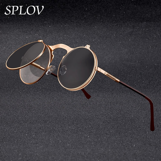 SPLOV Vintage Steampunk Flip Sunglasses Retro Round Metal Frame Sun Glasses for Men Women Brand Designer Circle Glasses Oculos