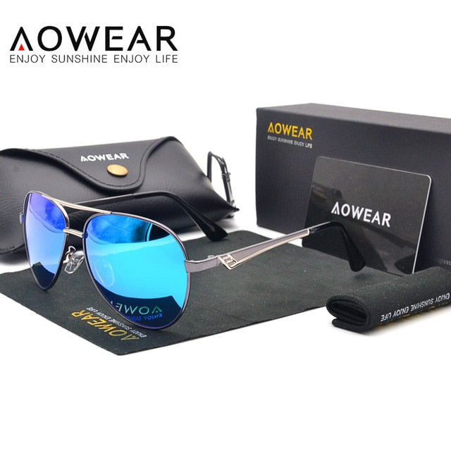 AOWEAR Luxury Brand Designer Aviation Sunglasses Men Polarized Alloy Blue Coating Mirror Driving Pilot Sun Glasses Gafas De Sol